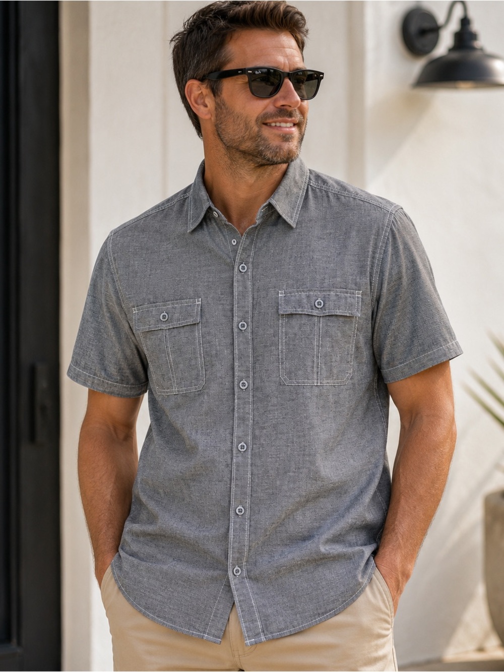 Seven7 Men’s XL Gray Chambray Utility Shirt Short Sleeve Button Front Cotton